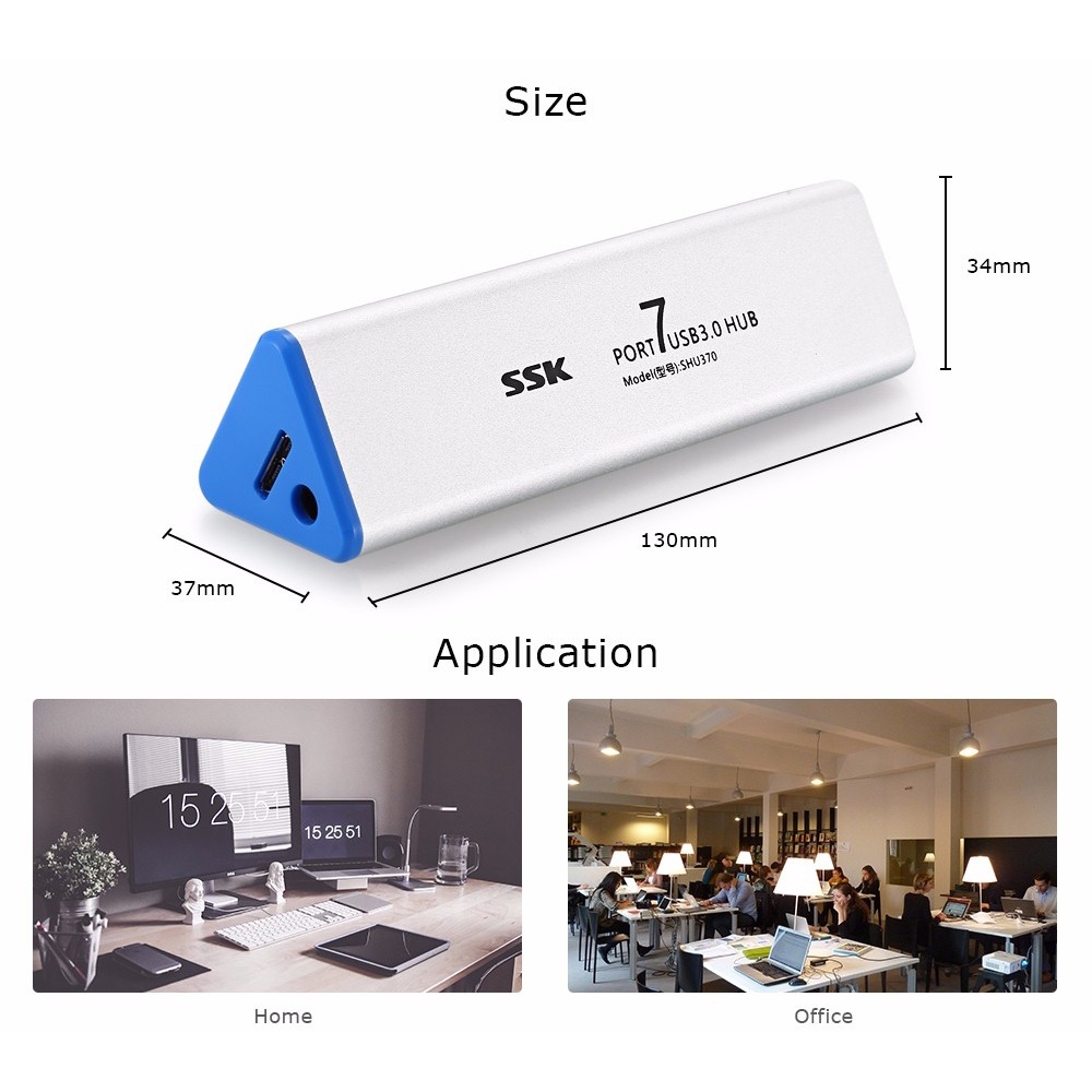 Bộ Chia HUB USB 7 Port 3.0 Vỏ Nhôm, Có Cấp Nguồn SSK SHU370 - Bộ Chia HUB USB