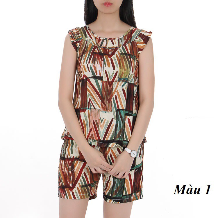 Bộ mặc nhà lanh  Thái Vicci BS3D.069, thiết kế áo cộc tay quần short in họa tiết