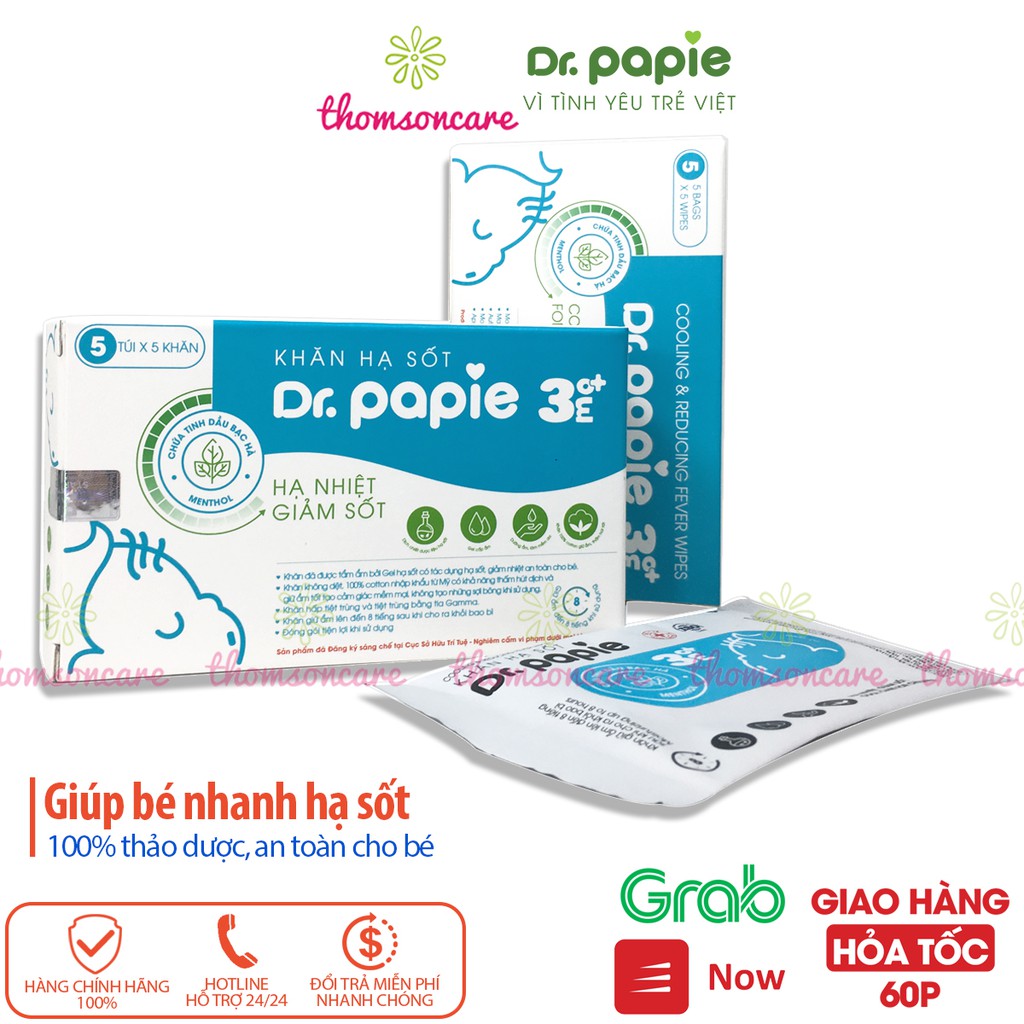 Khăn hạ sốt cho bé Dr Papie - lau hạ nhiệt, giảm sốt cho bé từ 3 tháng trở lên từ thảo dược, bạc hà Hộp 25 khăn