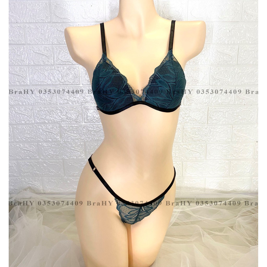 👙 Bra thiết kế sexy 👙 Đồ lót nữ bralette vải ren cao cấp màu xanh rêu có mút gồm áo + quần | BigBuy360 - bigbuy360.vn
