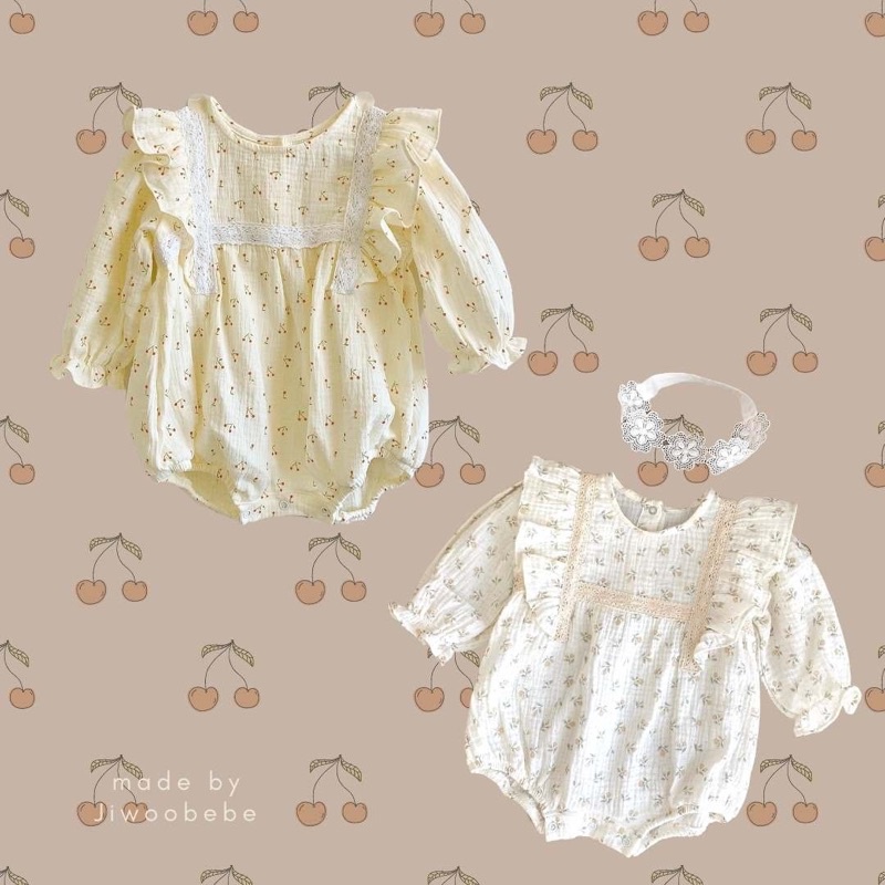 [Hàng Thiết Kế] Bộ Liền Muslin Tay Dài Phối Ren - Bodysuit Hoa Nhí Chất Xô Muslin Mềm Mại Cho Bé Gái