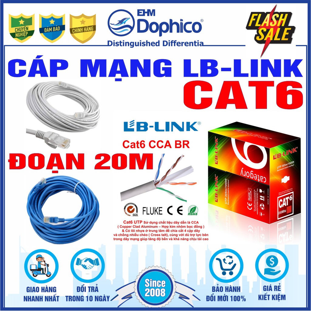 Dây cáp mạng Lb-Link Cat6 – Đoạn dài 20m bấm sẵn 2 đầu – Cắt từ cuộn tiêu chuẩn – Chính hãng LB-LINK