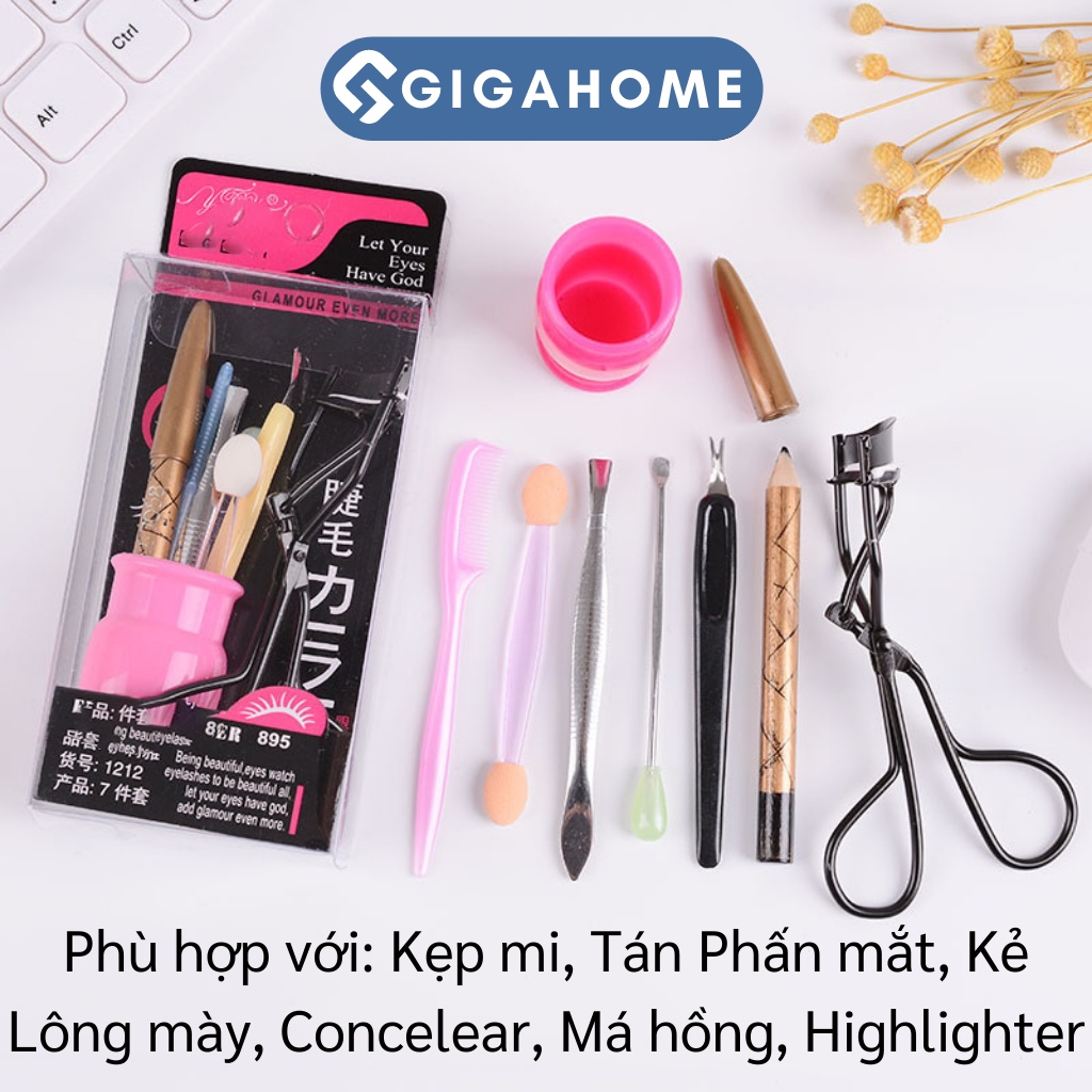 Bộ 7 Món Trang Điểm Mắt GIGAHOME Gồm Mascara, Kẹp Bấm Mi, Cọ Tán, Lược, Chì Kẻ Mày... 9609