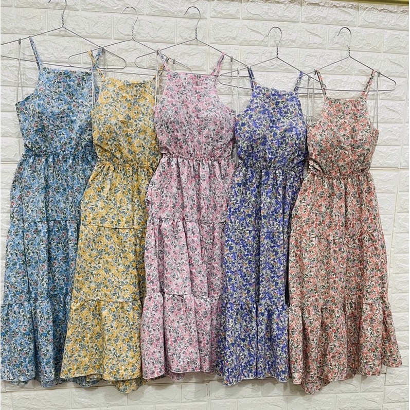 Đầm hoa cổ yếm cột nơ sau lưng có mút kèm hình thật.