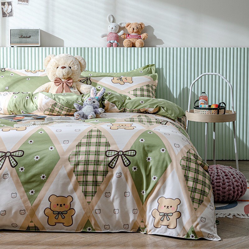 Bộ vỏ chăn ga gối cotton poly nhập khẩu _ chăn ga Hàn Quốc họa tiết gấu xanh_miễn phí bo chun theo size nệm