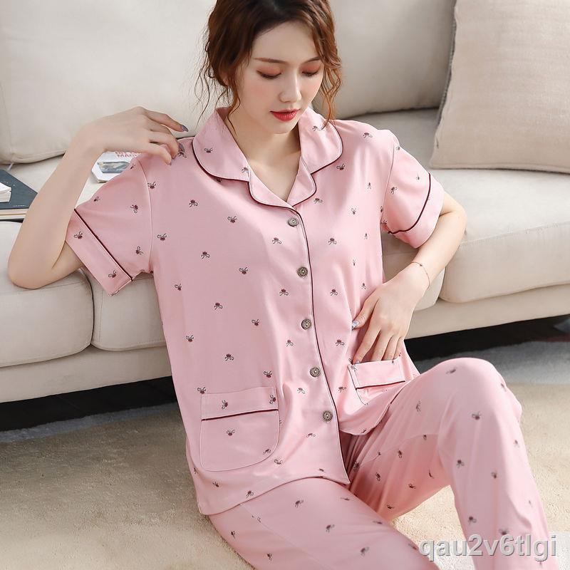 Quần dài ngắn tay nữ pijama cotton Trung Quốc cỡ lớn size mỏng phù hợp với người niên và già Dịch vụ tại nhàB