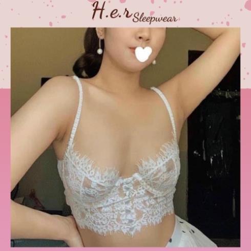 Áo bralette có gọng không mút nâng ngực cúc giữa ren mềm sexy màu trắng