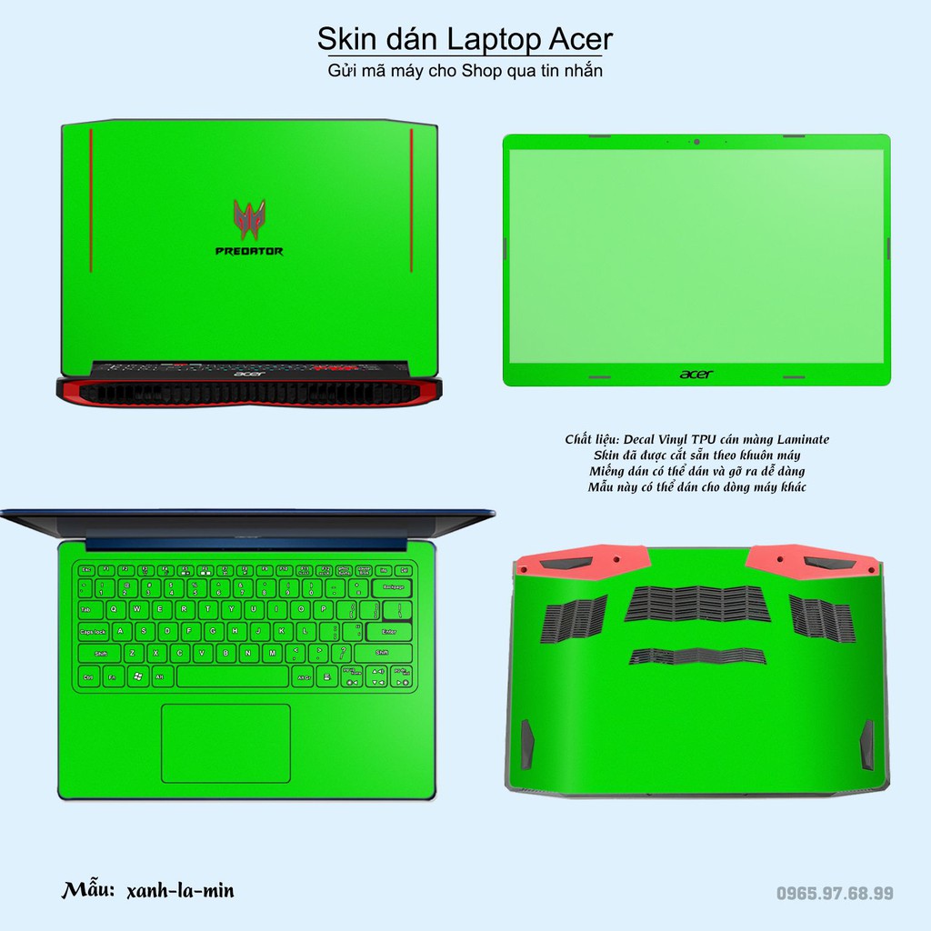 Skin dán Laptop Acer in màu xanh lá mịn (inbox mã máy cho Shop)