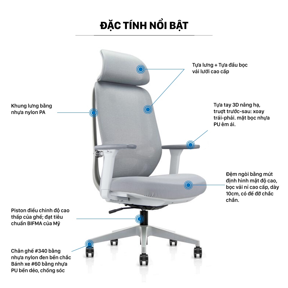 Ghế công thái học Ergonomic GOVI Felix F6231A-Thiết kế tựa đầu điều chỉnh độ cao, tựa tay 3D nâng hạ, mâm ghế ngả 135 độ