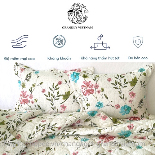 Bộ chăn ga gối (4 món) cao cấp Grandly Vietnam chính hãng vải bông hoạ tiết đa dạng, độc quyền, siêu bền đẹp