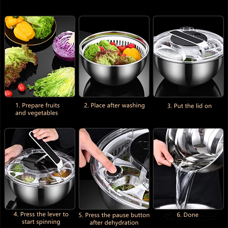 Dụng Cụ Quay Làm Ráo Rau Củ Quả / Salad Bằng Thép Không Gỉ