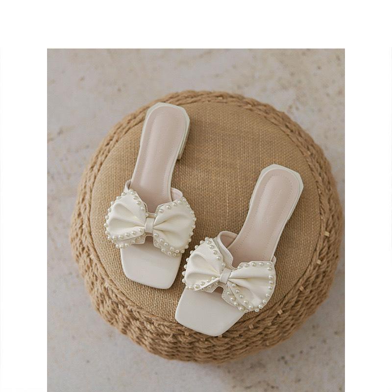 Dép quai ngang nữ gắn nơ lụa đính hạt ngọc gót vuông cao 3p, guốc quai ngang nữ bản to thắt nơ tiểu thư [m80]