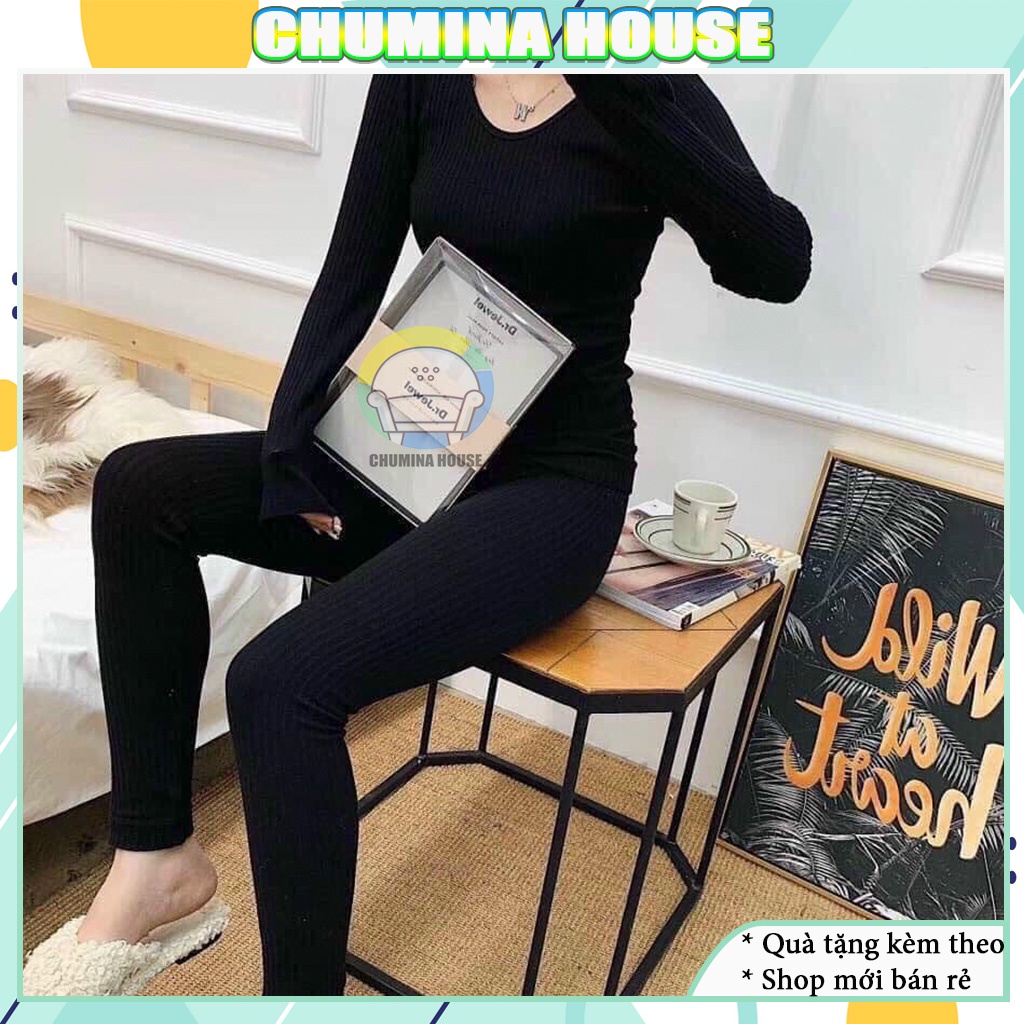 Bộ quần áo giữ nhiệt nữ thu đông co giãn ôm body chất len tăm đóng hộp cao cấp