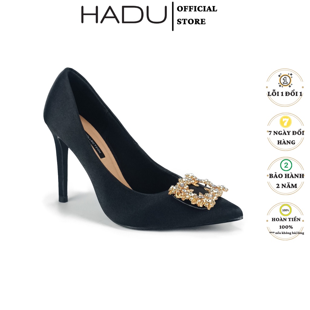 Giày cao gót 9p mũi nhọn khoá đính đá LEAFGOLD HADU M944 lụa tơ tằm satin