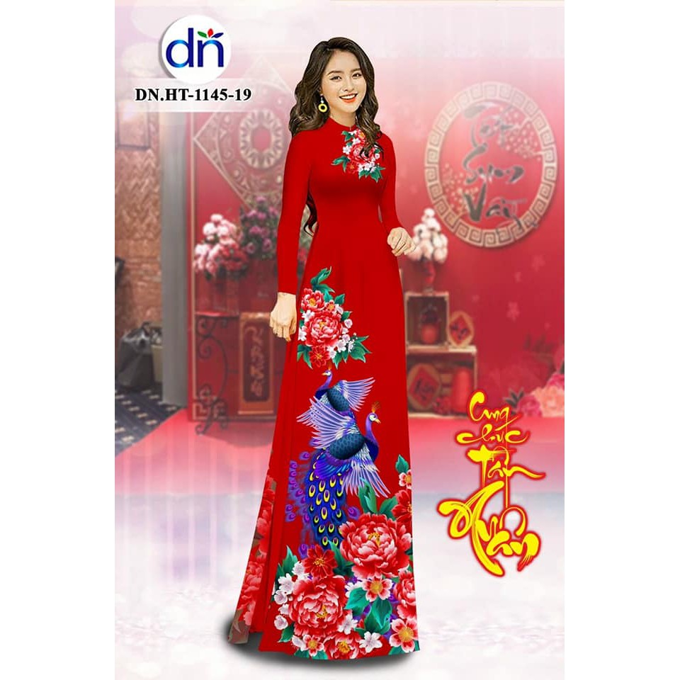 Áo dài nữ màu đỏ hình in 4d