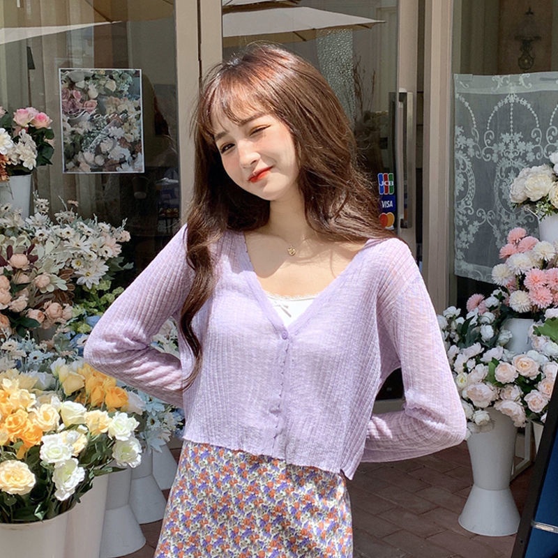 áo ren kiểu khoác mỏng cardigan dáng croptop tay dài nữ thời trang mùa hè dành cho nữ