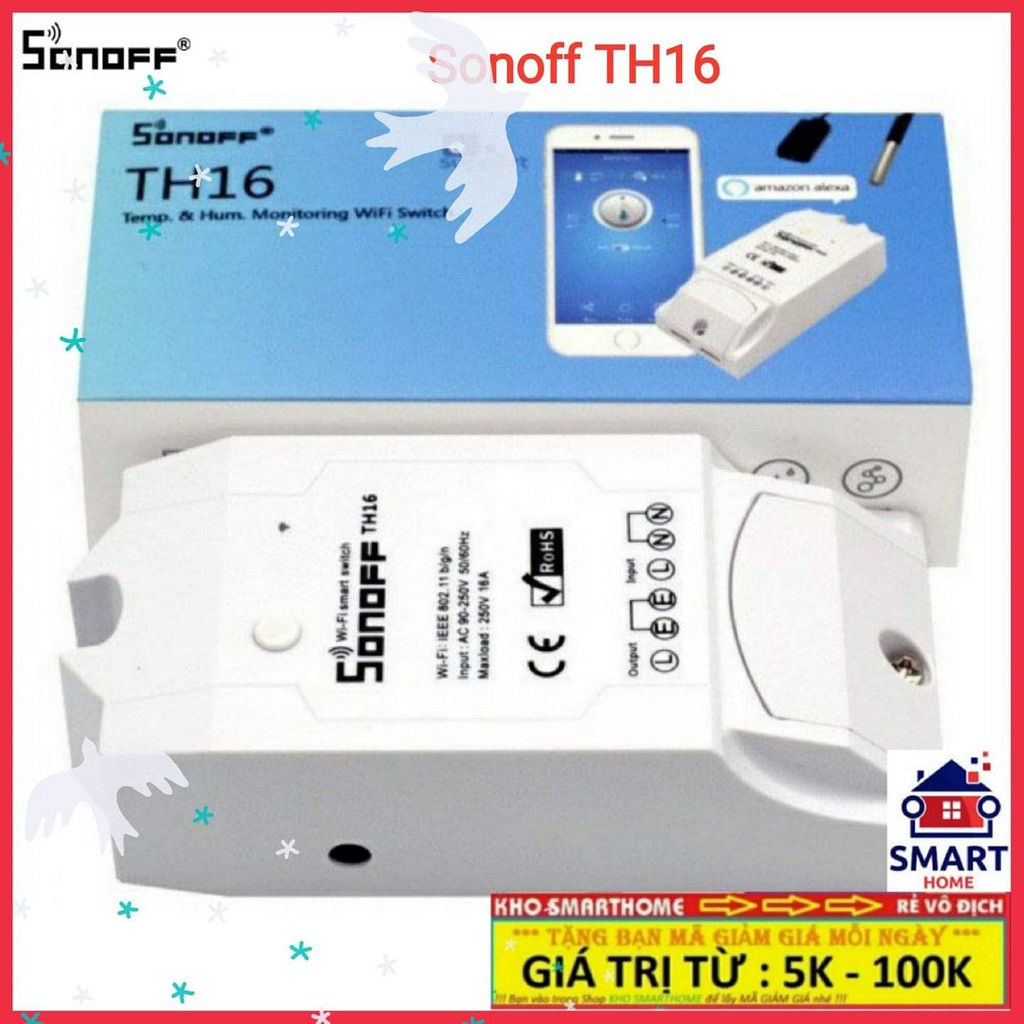 SONOFF TH16 (chịu tải 16A), công tắc WIFI, công tắc điều khiển từ xa, có hỗ trợ cảm biến nhiệt, độ ẩm