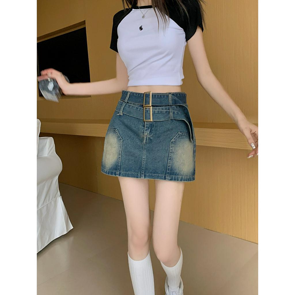 QADCOL Chân váy jean Chữ A Lưng Cao Thời Trang Mùa Hè Phong Cách Retro Mới Cho Nữ