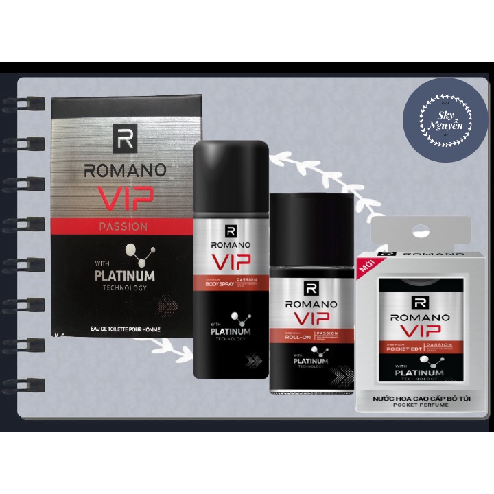 COMBO ROMANO VIP PASSION: NƯỚC HOA 50ML+ XỊT 150ML+ LĂN 50ML+ NƯỚC HOA 18ML.
