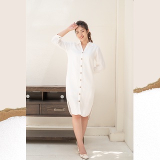 Đầm sơ mi linen màu trắng Lalastyle