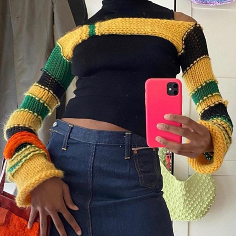 Áo Croptop Dệt Kim Họa Tiết Kẻ Sọc Nhiều Màu Phong Cách Harajuku Thời Trang Cho Nữ