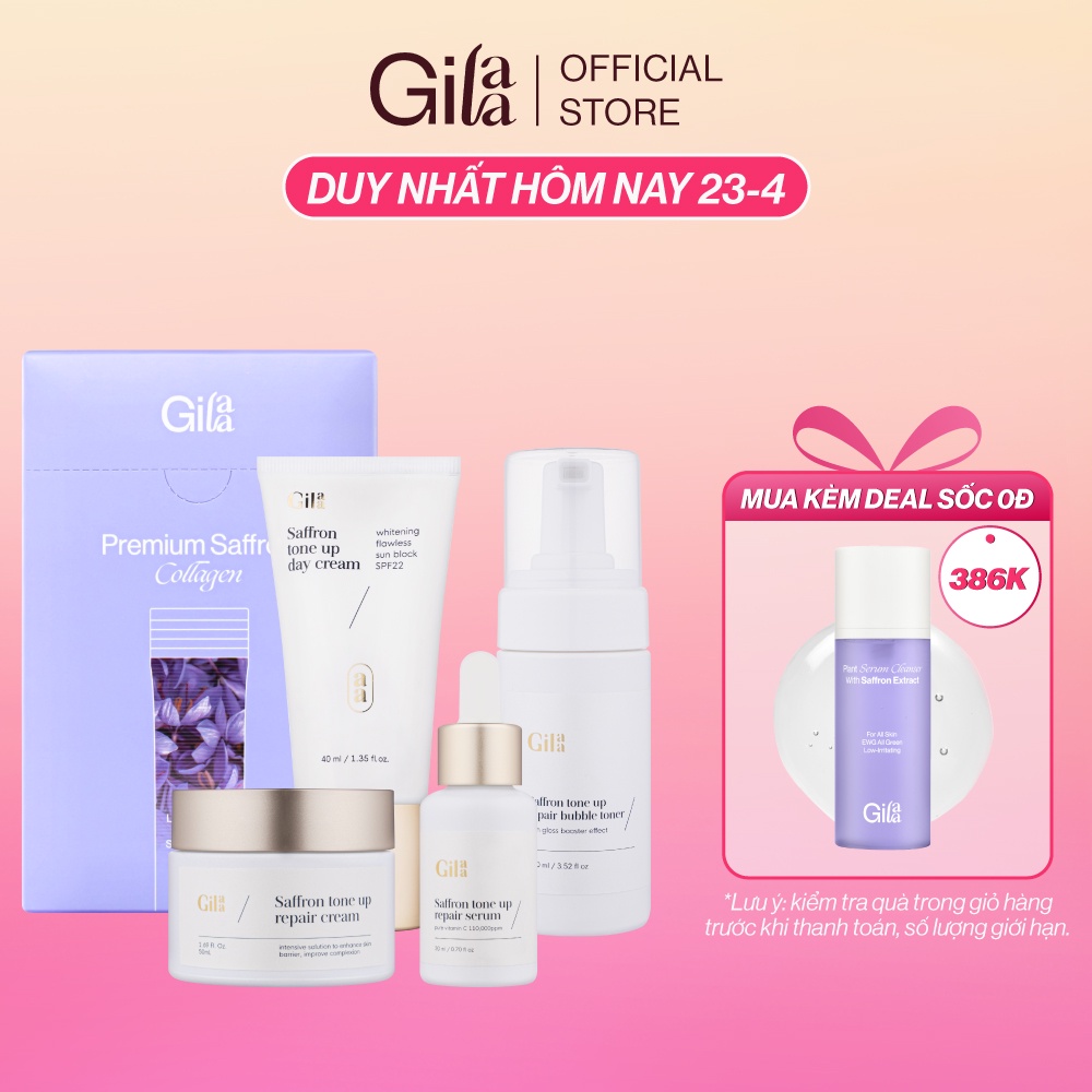 Bộ 5 sản phẩm Dưỡng Trắng Gilaa Saffron gồm Toner + Serum + Repair Cream + Day cream + Collagen Saffron