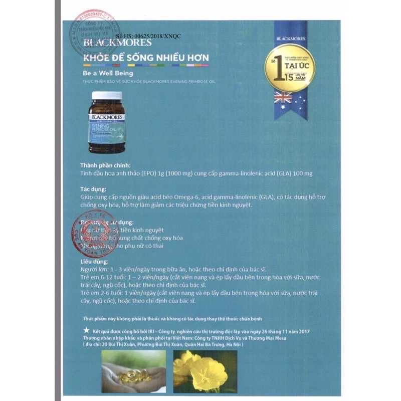 TINH DẦU HOA ANH THẢO BLACKMORES PRIMROSE OIL 190V ÚC