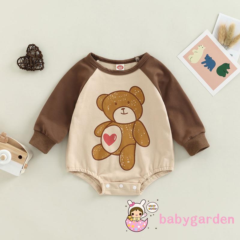 Áo Liền Quần Tay Dài Cổ Tròn In Hình Gấu Hoạt Hình Dành Cho Bé 0-18 Tháng Tuổi