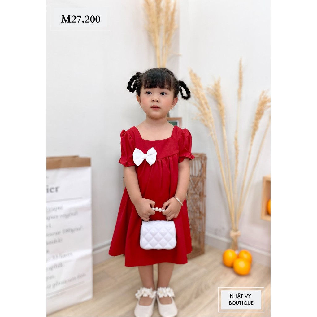 Váy Bé NHẬT VY Baby Doll Nơ Trắng Chất Cotton Mịn Đi Chơi Dáng Xoè Màu Đỏ, Hồng - M27