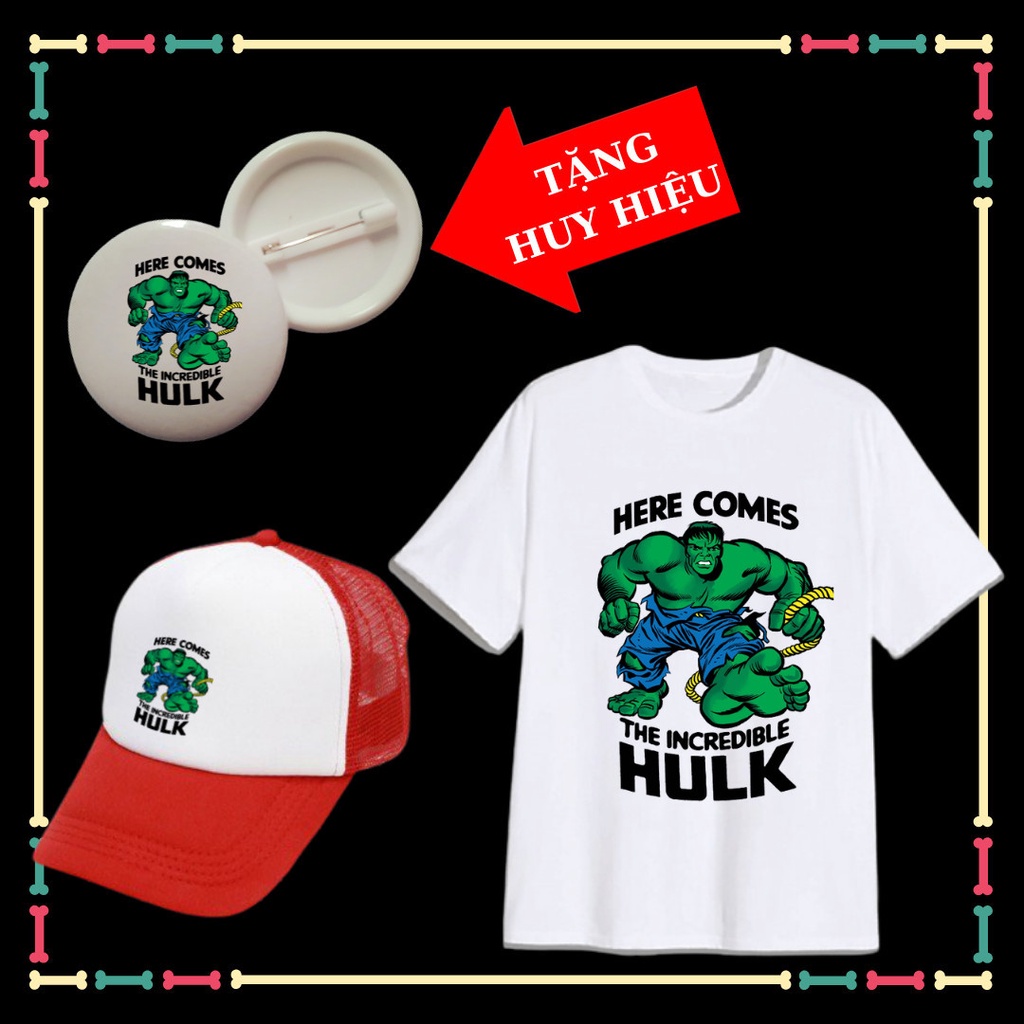 Set áo thun trẻ em siêu nhân Hulk Khổng Lồ Xanh, đủ màu sắc, đủ size áo, Kèm Huy hiệu Hulk, Kèm Mũ lưỡi trai Hulk.