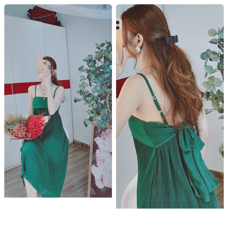 Đầm dập ly 2 dây nơ sau dáng suông.