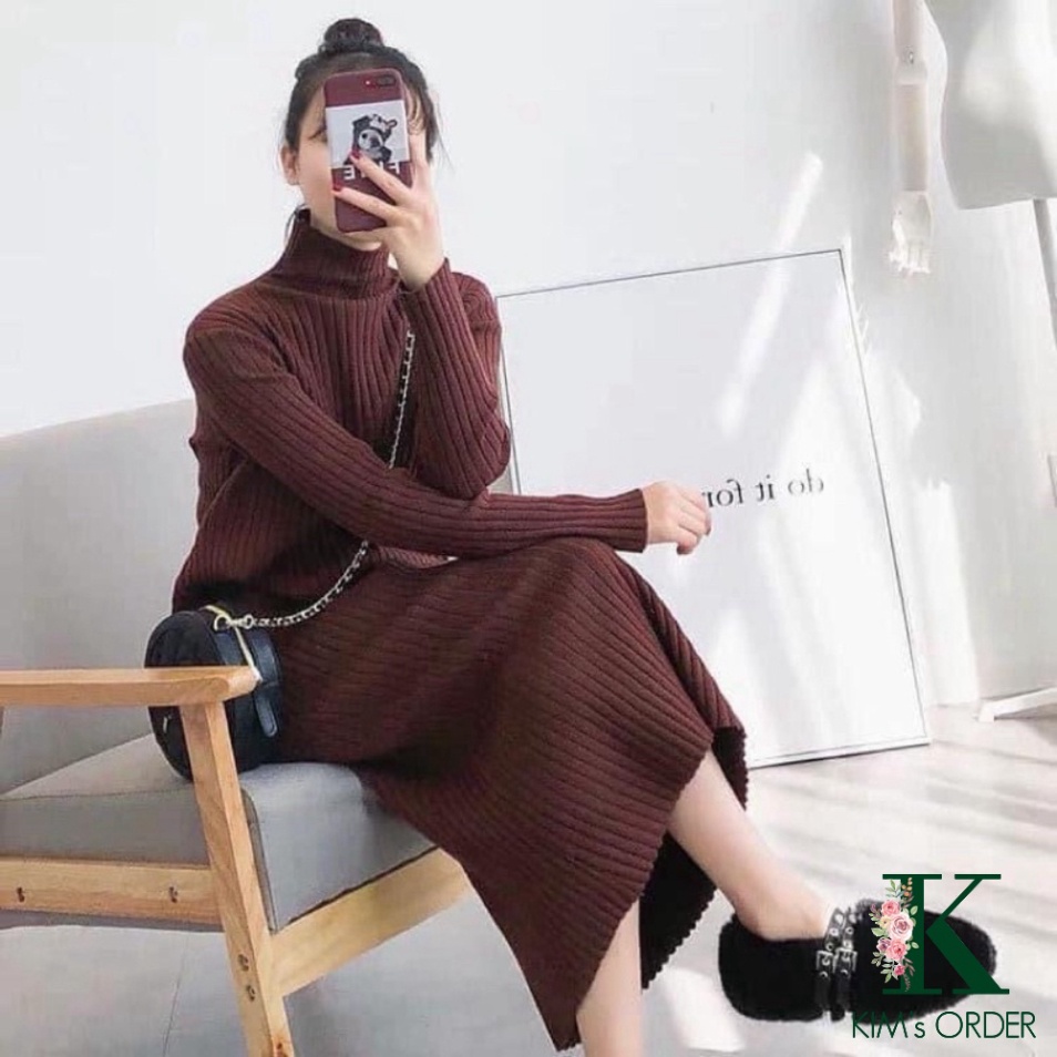 Váy len nữ dáng dài suông Hàn Quốc đầm len cổ lọ basic phom rộng hàng Quảng Châu dày dặn