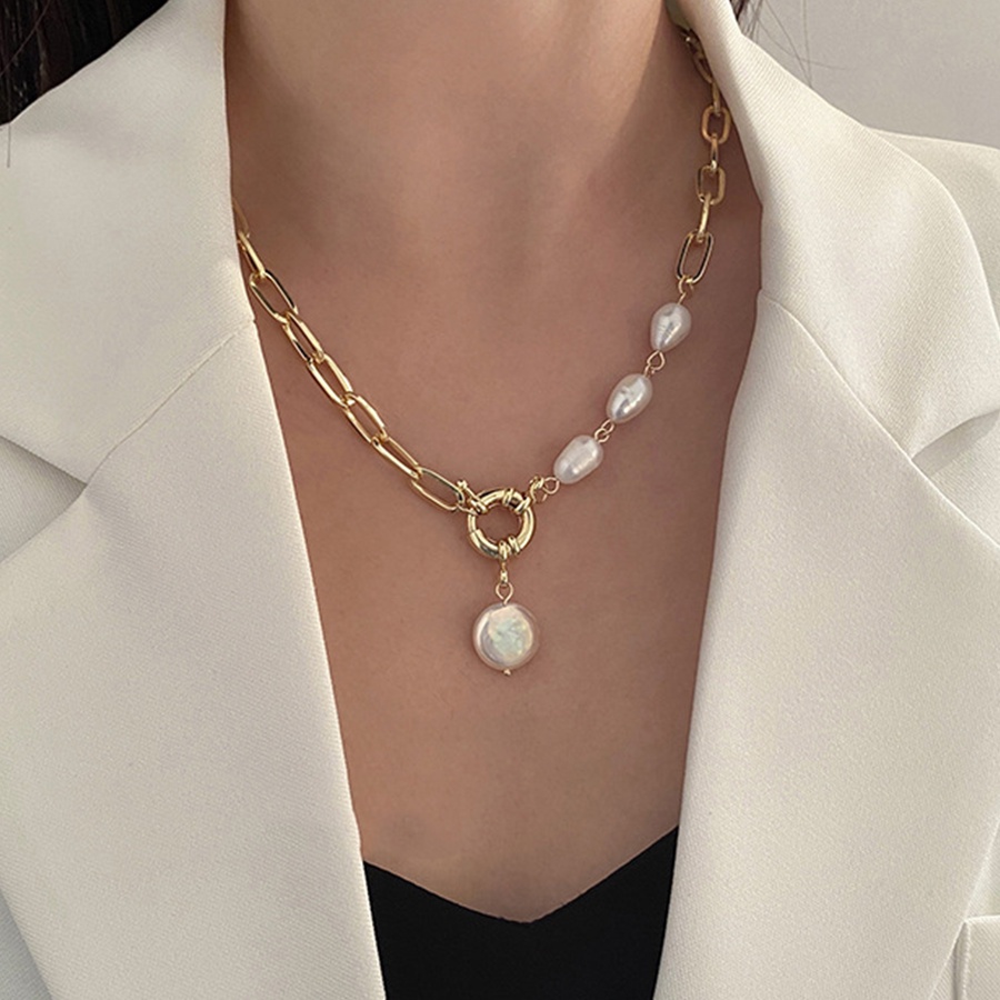 Vòng cổ kim loại dày đính ngọc trai nhân tạo phong cách Hàn Quốc thời trang