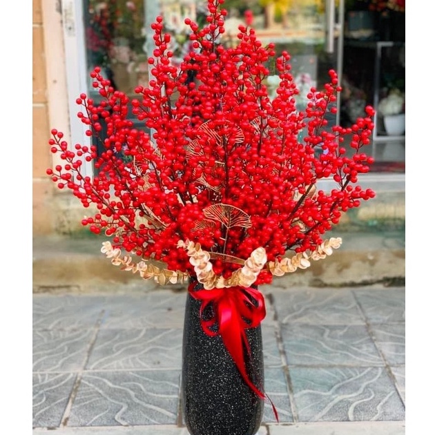 Cành đào đông đỏ 12 nhánh 6 nhánh có cành điểm Decor trang trí nhà cửa văn phòng, phòng khách, cửa hàng