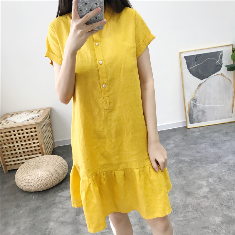 Đầm Linen suông đuôi cá, Váy midi nữ cổ trụ phối cúc chất linen mát Da80