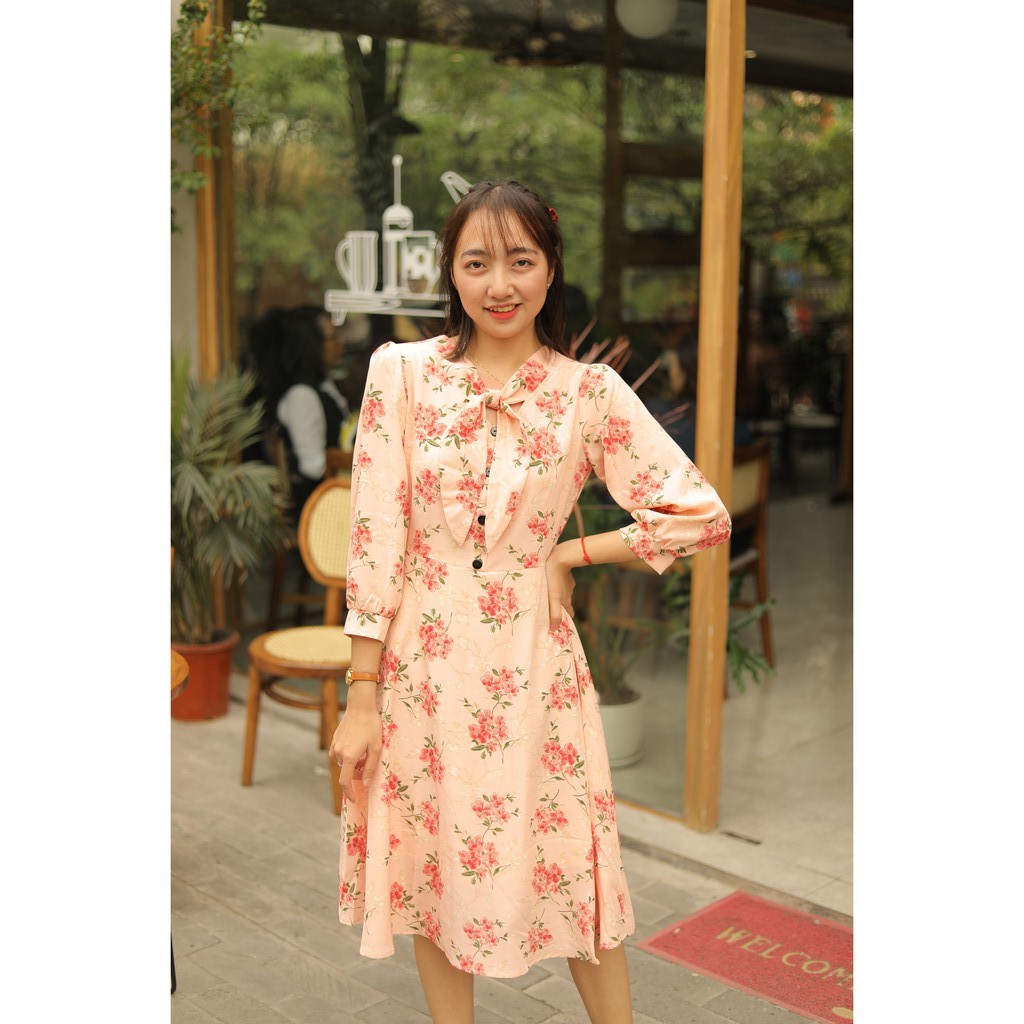 Váy hoa lụa nơ cổ siêu xinh