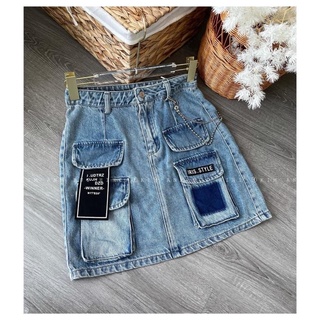 Chân váy bò/jeans túi hộp kèm dây xích