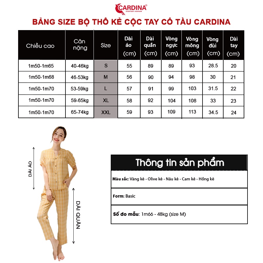 Đồ Bộ Nữ 𝐂𝐀𝐑𝐃𝐈𝐍𝐀 4 Màu Kẻ Chất Thô Nhật Cao Cấp Áo Cổ Tàu Cộc Tay Quần Dài Thoáng Mát Nhẹ Nhàng 2BTH01