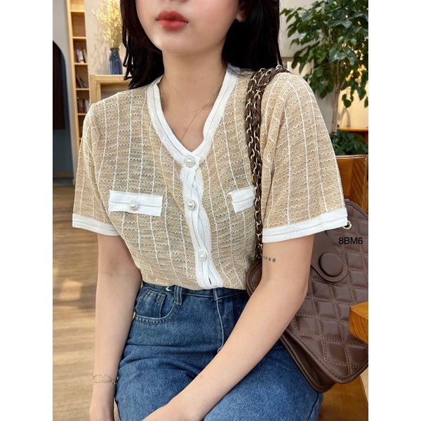 Áo cardigan len cộc tay, cổ tròn 2 túi đính cúc giả dạ tweed - 208BL6 - Đenta shop