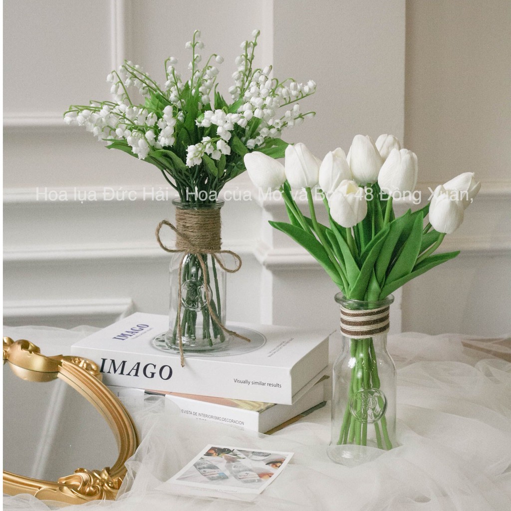 Hoa Lụa Tulip Lá Thẳng Nhiều Màu Merber (Mơ & Bơ) BôngTulip Giả Cao Cấp Decor Trang Trí Trong Nhà, Phòng Khách, Để Bàn