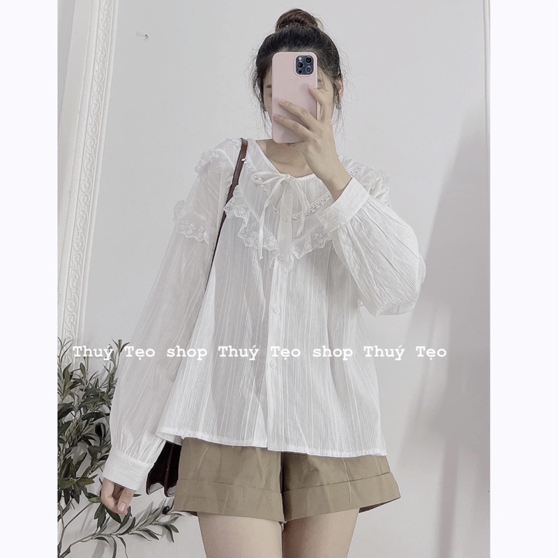 Áo sơ mi trắng dài tay ren ngực thắt nơ - SM1709