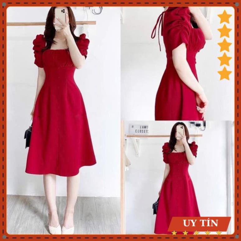 Đầm tay bồng xếp li ngực nút bọc Eva_home_fashion | BigBuy360 - bigbuy360.vn