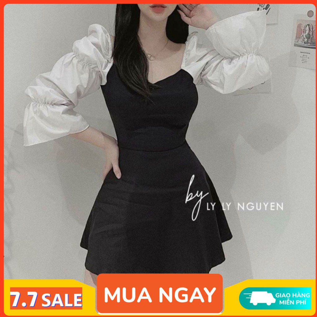 Váy xoè liền thân kiểu đẹp, phối tay áo trắng bo 3 tầng, phong cách nữ tính, giao hàng nhanh, freeship