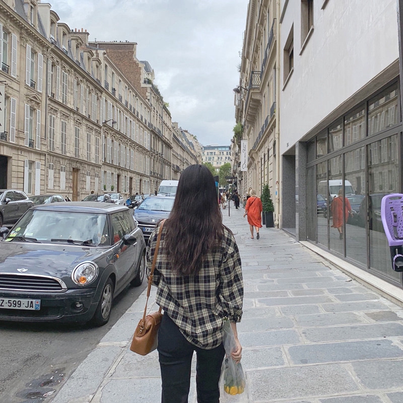 Áo kiểu tay dài họa tiết sọc caro phong cách retro thời trang Hàn Quốc