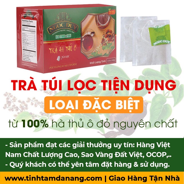 Trà hà thủ ô đỏ chế túi lọc Ngọc Duy nguyên chất hộp 40gr 20 túi lọc Tịnh Tâm uống giúp đẹp da giảm rụng bạc tóc