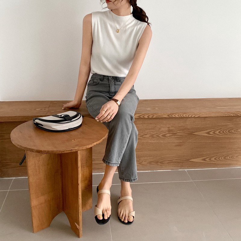 Áo Dệt Kim Sát Nách Cổ Lọ Màu Trơn Thời Trang Cho Nữ