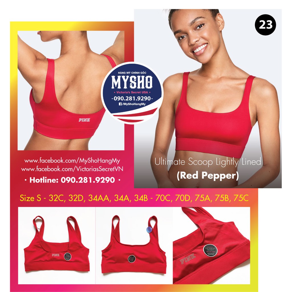 Áo thể thao (23) Red Pepper màu đỏ có mút mỏng, hàng nhập Victoria's Secret, Size S