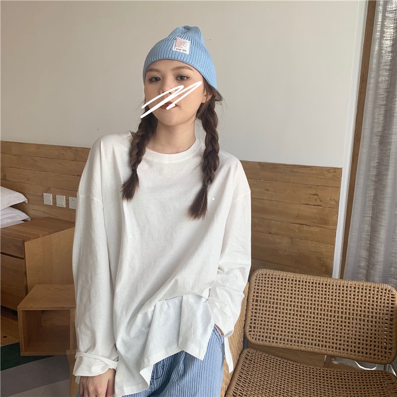 Áo thun tay dài cổ tròn màu trơn thiết kế xẻ tà đơn giản thời trang