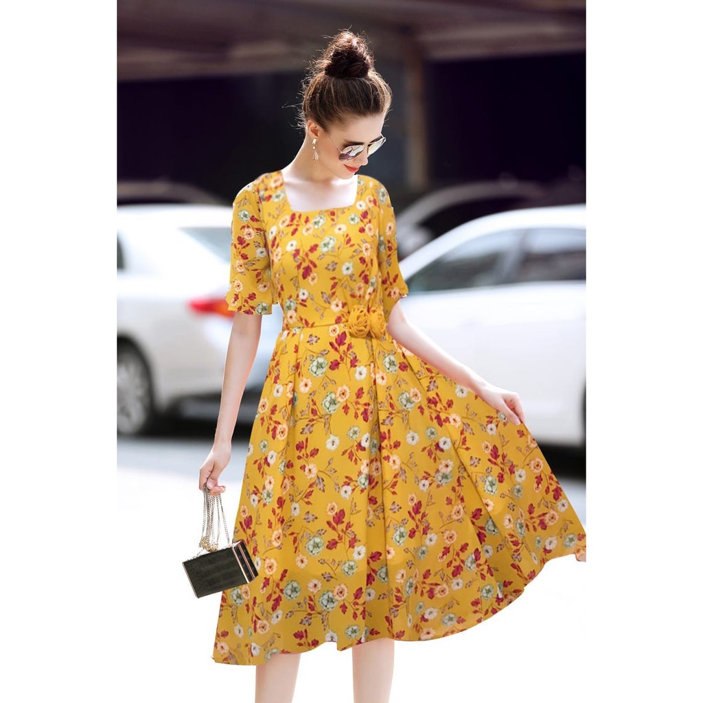 Đầm xòe hoa Vintage gắn hoa hồng - MS0574D