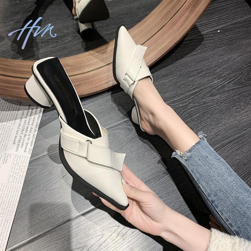 Dép Bít Mũi Nhọn Gót Vừa Dày Dặn Phong Cách Âu Mỹ Mới